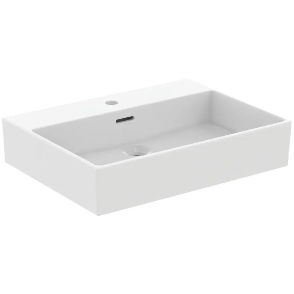 Waschtisch von Ideal Standard in seidenweißer Ausführung, rechteckige Form mit zentralem Ablaufschlitz und einem Hahnloch, minimalistisches Design, geeignet für moderne Badezimmer.